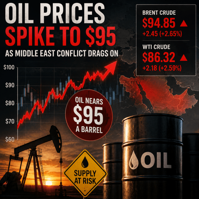 Oil Nears $95 as Middle East War Fuels Supply Fears and Gas Prices Climb