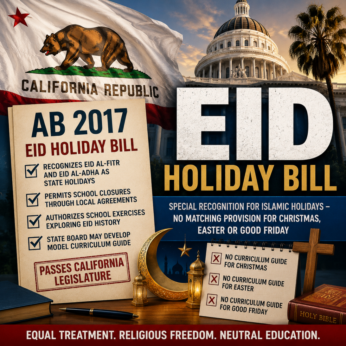 California Legislature Passes Eid Holiday Bill — Critics Question Why Sacramento Creates Special School Curriculum for Islam While Christian Traditions Get No Matching Provision